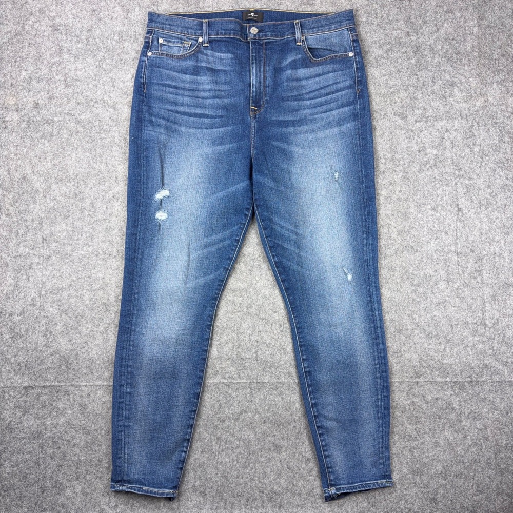 7 For All Mankind Jeans Womens 34 Blue High Waist Ankle Skinny Distressed Denim
